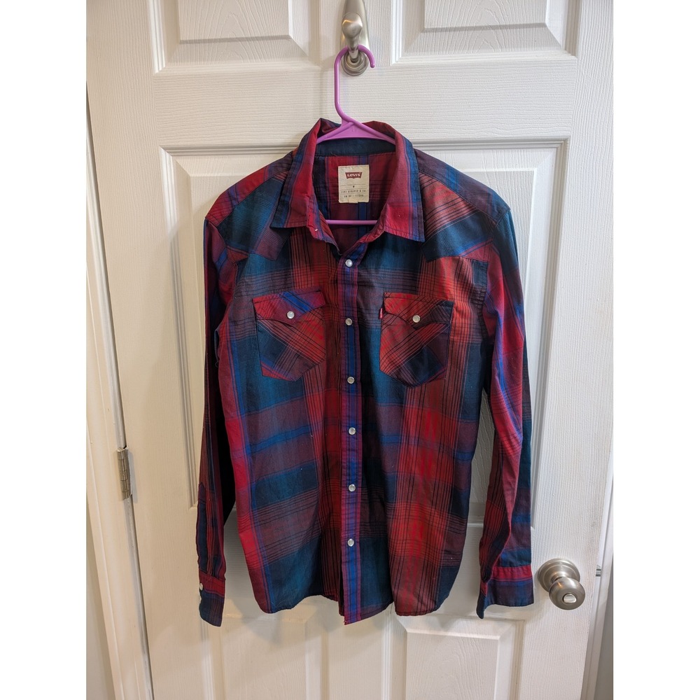 Levis Mens Plaid Western Snap Button Long Sleeve Shirt Red Blue -‎ Size M
